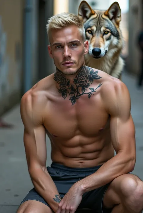 Blond man with short hair cut at the sides, athletic body and a black and white rose neck tattoo wearing Nike shorts sitting on a sidewalk, photo of him in front of him with a wolf behind him looking both forward to the camera. 