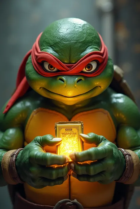 Imagine a mutant adolescent turtle Ninja the Michelangelo finding a shiny Gold note in a Davi chocolate and cant believe it makes it in the background in his bedroom, which is the sewer.