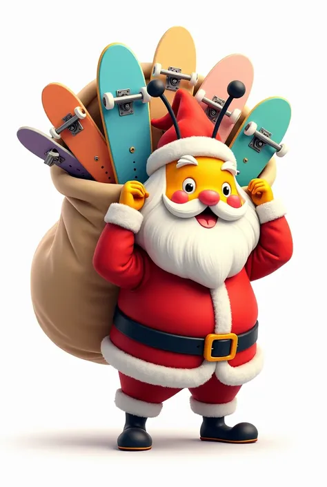 2D skate bee dressed like santa claus with big presents bag full of skateboards on all white background 