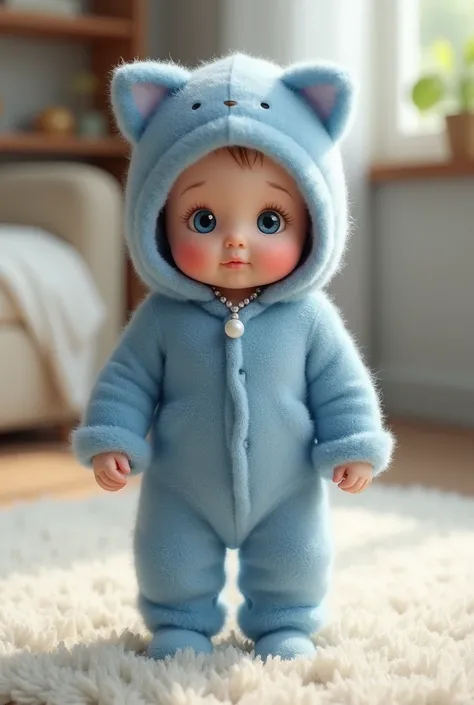 Un vrai bébé réaliste trop chou debout avec une combinaison bleue en laine et une cagoule en moumoute bleue avec des oreilles de chat et un collier avec une perle bleue qui est debout sur le tapis blanc du salon chaleureux tellement réel qu’on dirait une v...