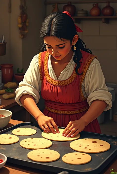 Draw a contryhumans making tortillas on a griddle 