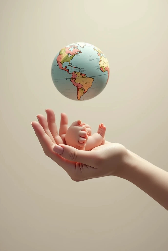 A womans hand that comes out on the right side holds a hand of a  baby that comes out on the left side and on top of it a globe 