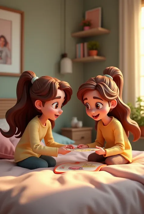 Two brown-haired twin sisters in their 30s, their backs turned, playing a trivia game on the bed in the room. The image must be in the form of a 3D cartoon