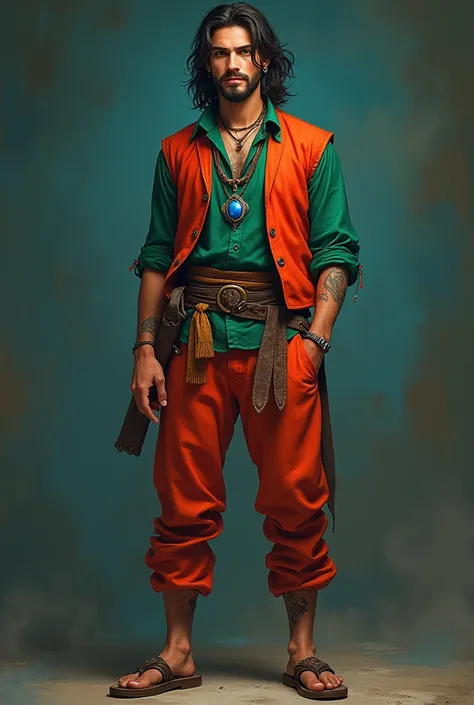 Young gypsy , whole body,  high, shoulder-length hair ,   lapis lazulli stone necklace ,  large to medium goatee ,  Your outfit consists of a green shirt  ,   bright red dress vest closed with buttons,belt-shaped,   light bombacha style pants and leather s...