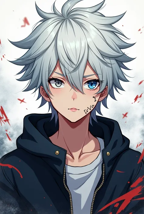 Create an Image of a Teenager,  white hair, boy, one blue eye and the other gray , small scar on the mouth and another on the cheek with traces from the Boku no Hero manga 