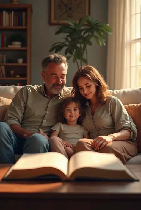 A family of two men and a girl is sitting together in the living room,  with a quiet and cozy atmosphere . An open book, which is probably a Bible , taking center stage.