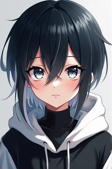 Make it anime style:   a boy with straight black hair with white tips, platinum eyes ,  black and white hoodie and black pants .