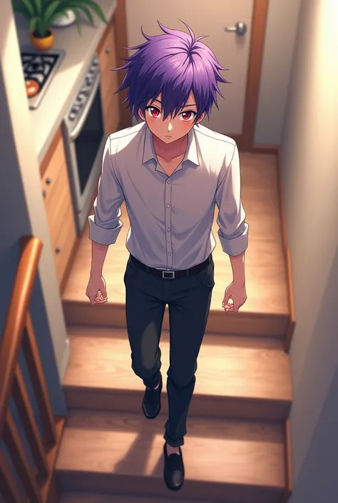 Create an anime boy who is called 18 year old sai with purple hair and red eyes who is coming down the stairs to the kitchen