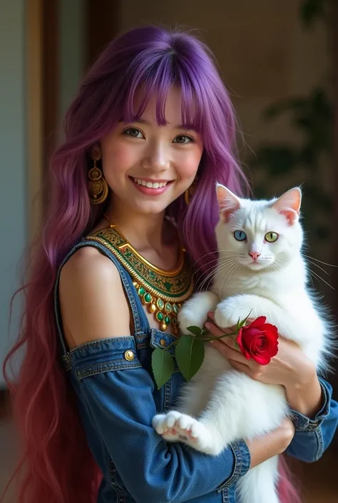  A beautiful professional full body photograph from head to toe,  hair of a beautiful 18-year-old girl , very long hair,  as well as the Rapunzel ,  in a deep purple color with reddish , Shes wearing a denim jumpsuit with bangs ,  she looks at the camera w...