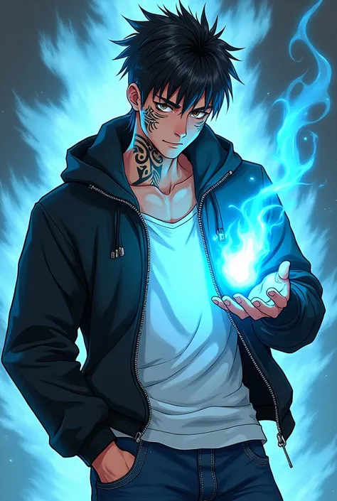 Manga-style character , Slender bodied 18-year-old boy , white ethnicity ,  with a tribal tattoo on the right side of his face ,  wearing a white dress with a black student jacket on top , Navy blue jeans ,  brown eyes ,  full hair and all goosebumps ,  st...