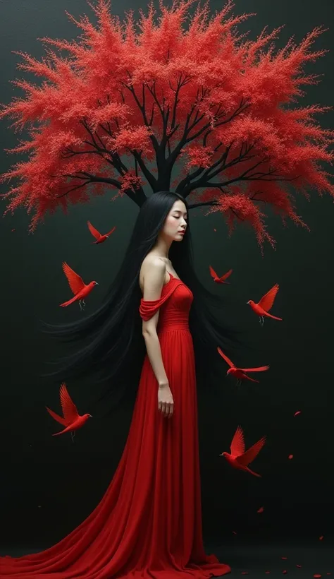 A photorealistic oil painting on canvas of a beautiful woman, long black hair, wearing a long red dress, with her eyes closed, sitting serenely. A vibrant crimson tree with numerous flowers grows from her head. Surrounding the woman and the tree are beauti...