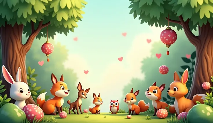 a boder theme the fairy tale forest cute 3D cartoon style scene with familiar animals, a detailed border design, cute animals, playful animals, animals interacting, colorful animals, highly detailed animals, soft textures, warm lighting, vibrant colors, dy...