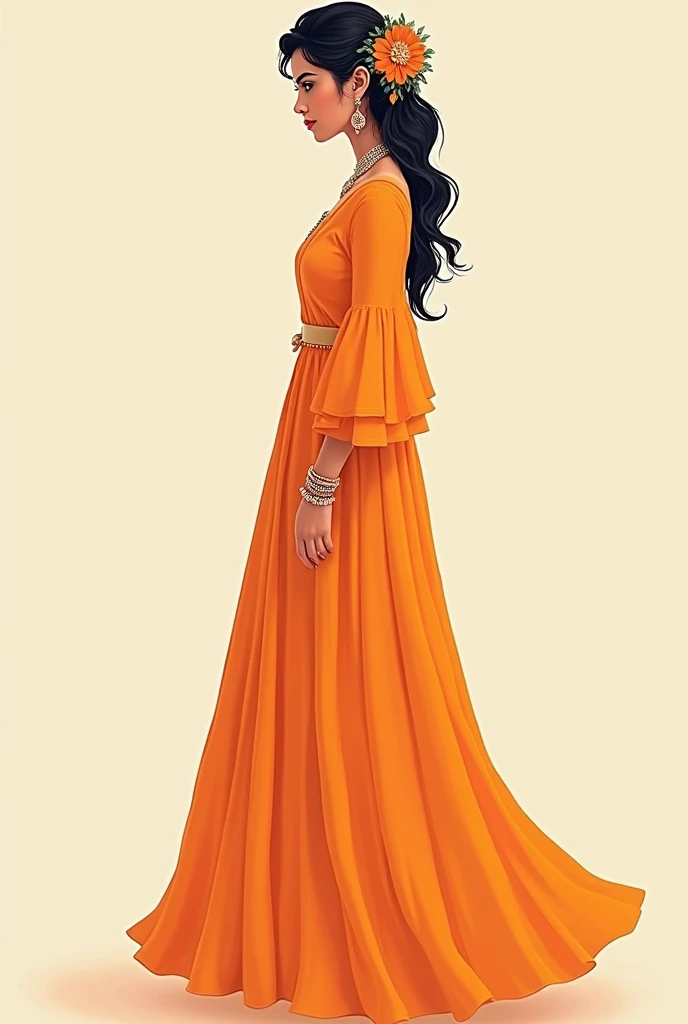 A illustration of a simple shy
 haldi bride wearing orange long shirt with flue sleeves, floral jewellery and floral gajra , standing straight looking side