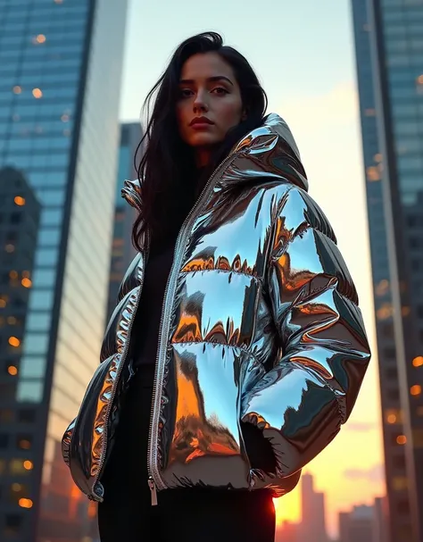 A contemporary urban scene featuring a European woman with dark long hair standing against a backdrop of sleek, reflective skyscrapers. The woman is wearing a stunning, mirrored jacket that catches and refracts the light, creating a dazzling array of refle...