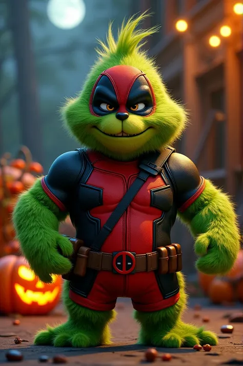 Furry and friendly mini Grinch with muscle from the movie with a Deadpool costume on on the Halloween night 