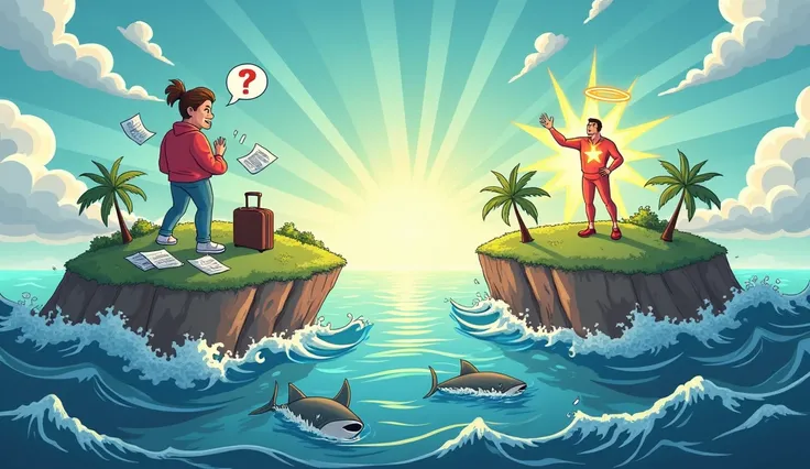  Create an illustration of two islands separated by a rough sea :

On Island A  ,  you show a frustrated customer with an expression of concern or discouragement ,  surrounded by elements that represent your problems ,  like crumpled paper ,  a heavy suitc...