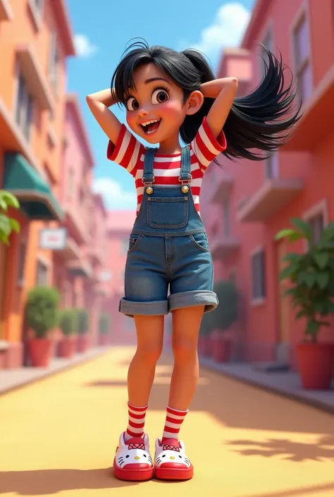 Pixar styler one with black hair with a ponytail and a happy and lively expression.  She is wearing a denim jumpsuit over a red and white striped t-shirt .  Her socks are striped in red and white ,  and her shoes are blue and white ,  style with a design t...