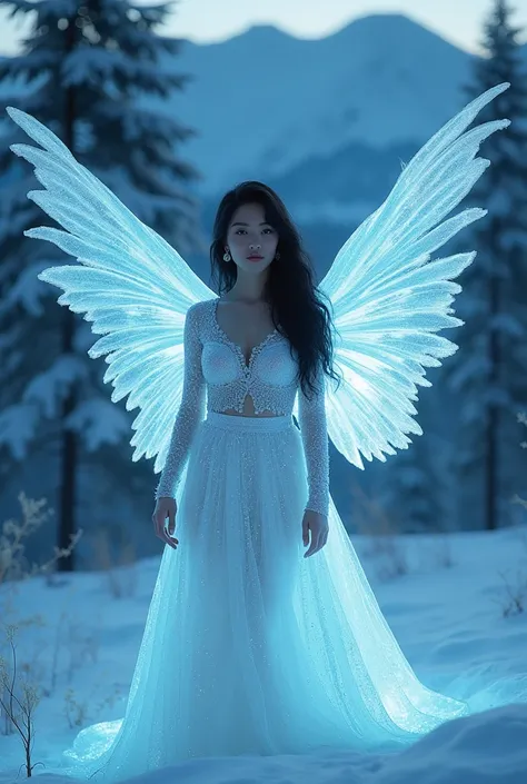 A surreal portrait of a hot women from india, dressed as ethereal snow angel with icy blue wings, wearing a shimmering sequined gown, glowing in moonlight, surrounded by a frosted forest, soft dreamlike cinematography, surreal snow-covered mountains at the...