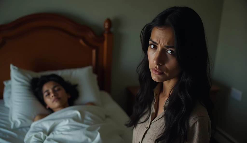 Sofia Latina, in her mid-twenties, of medium height, slim build, long black hair and intense brown eyes, a young woman with a determined expression, stands next to her mothers wooden-backed bed, in the bed her mother She is lying down, asleep and motionles...