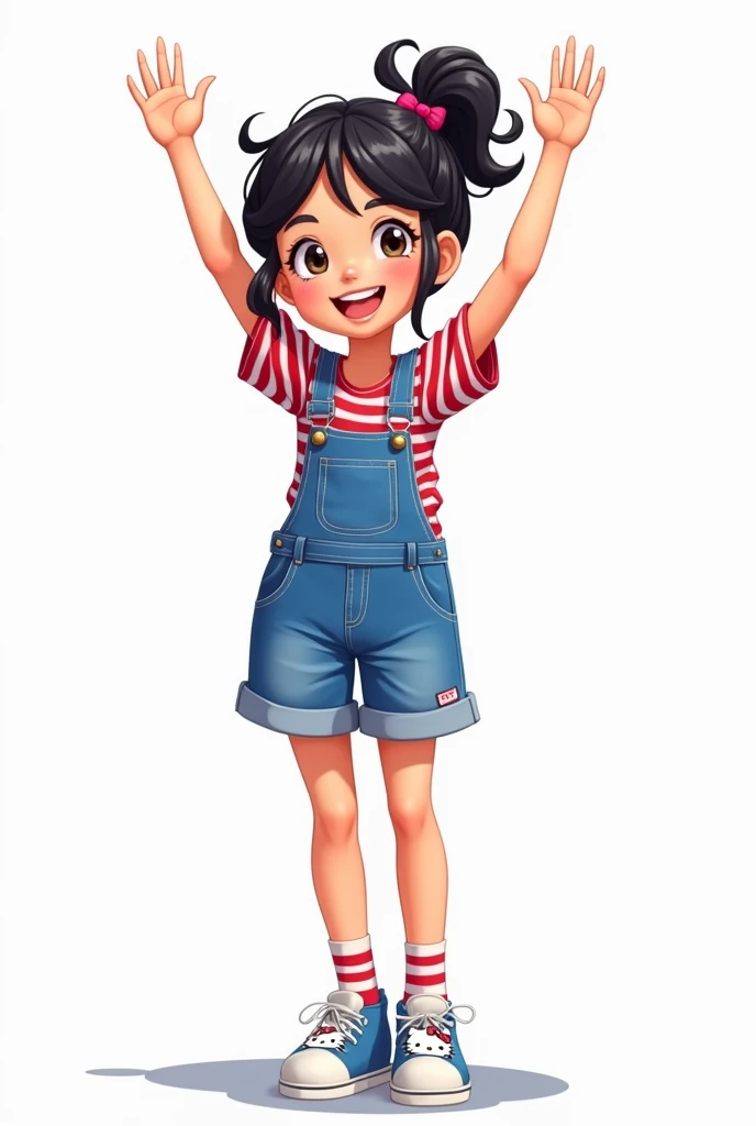 Cartoon one with black hair with a white ponytail and a happy expression.  She is wearing a denim jumpsuit over a red and white striped t-shirt .  Her socks are striped in red and white ,  and her shoes are blue and white ,  style with a design that seems ...