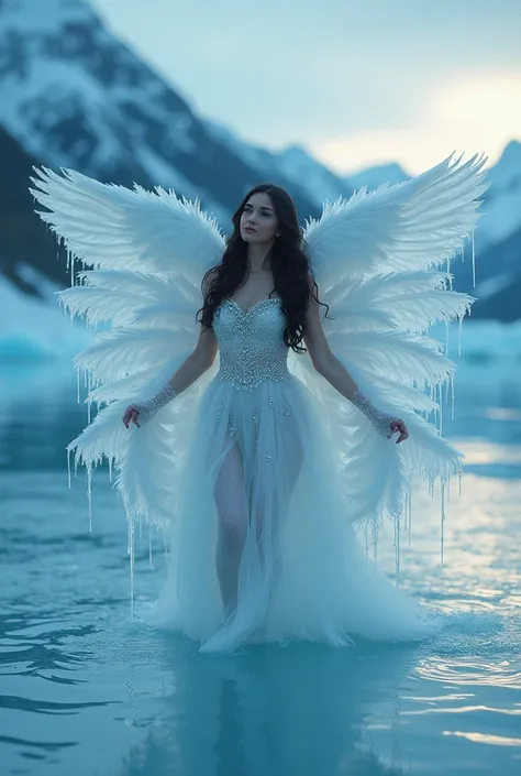 A surreal portrait of a hot women from india, dressed like a Sensual snow angel wearing a crystal-embedded dress, adorned with frozen feathers, frolicking atop a glacial lake, cinematic fantasy style, enchanted icy lake surrounded by auroras, twilight shot...