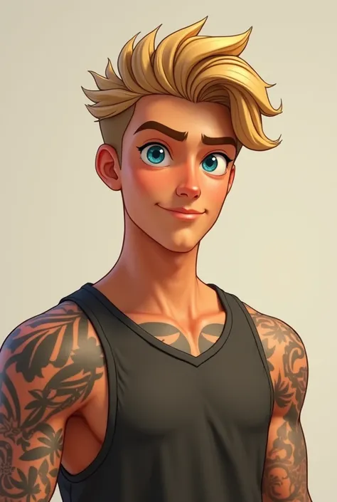  an animation of a blond teenager, handsome and attractive, with wavy hair,  tattooed arms, ojos azules, But realistic, Dont look gay please 

