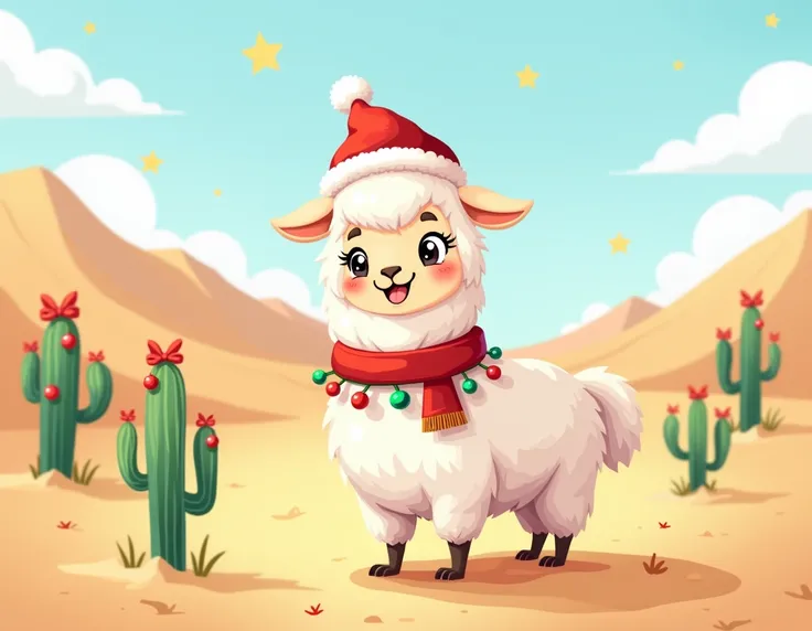 A charming cartoon-style illustration of a llama in a festive Christmas theme, set in the arid Atacama Desert. The llama is adorned with holiday decorations, such as a Santa hat, a red scarf, and a colorful garland draped around its neck. It stands proudly...