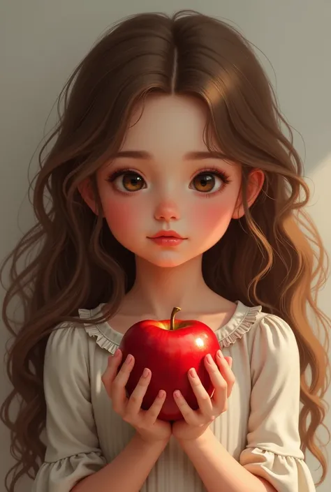 Girl holding an apple between her hands while looking in front. She has wavy hair. I want to see her full in a realistic style