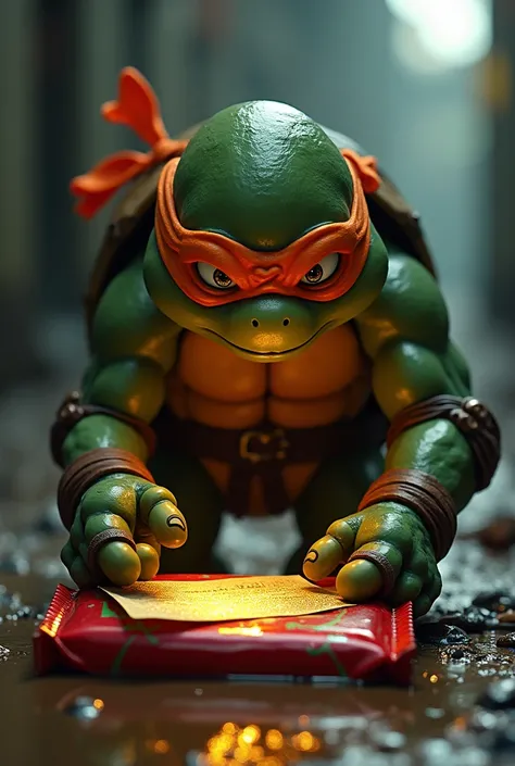 Imagine a mutant adolescent turtle Ninja the Michelangelo in the orange stripe finding a shiny gold note on a red Davis chocolate bar and cant believe it! Play it in the background in your room which is the sewer . 🍫🏷🐢