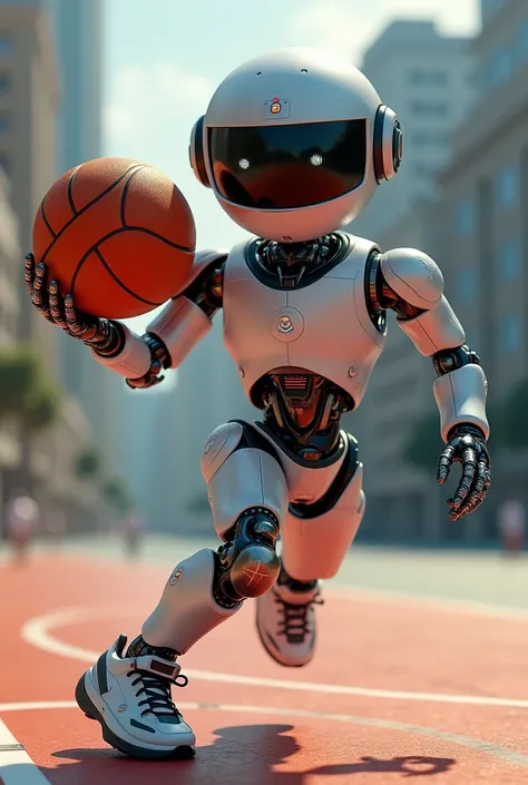 Full-body animated robot with the most athletic ball in its hand basketball logo