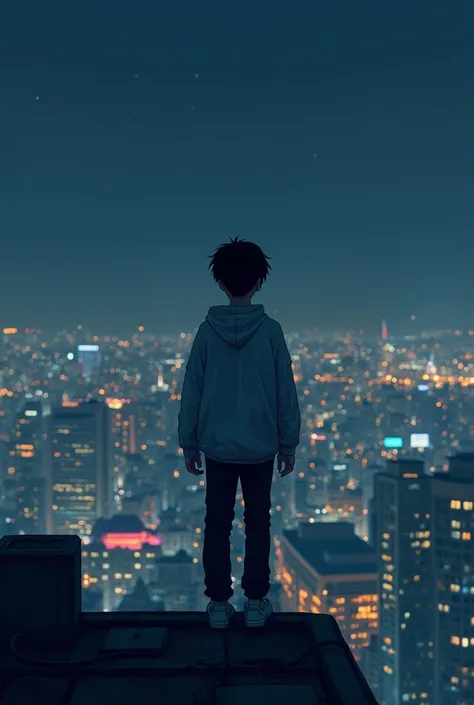 A teenager in a sweatshirt stands on top of a building at night and looks at the city and has little muscle