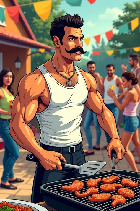 Crée une image style BD qui représente un professeur d’espagnol déguisé en Freddie Mercury et en train de faire un barbecue