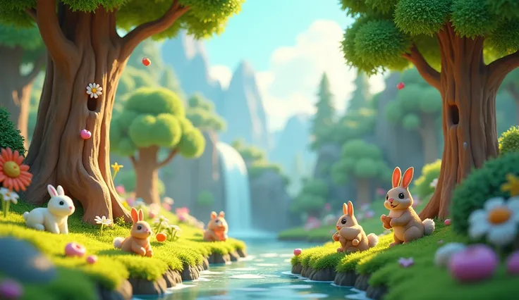 A charming 3D cartoon scene of a fairy tale forest featuring familiar animals in playful interactions. The design includes a detailed border, vibrant colors, soft textures, warm lighting, and a dynamic composition. The highly detailed, adorable, and colorf...