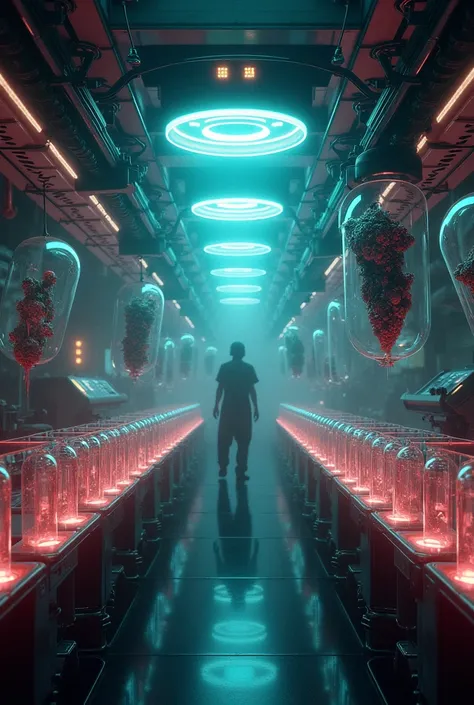 deep inside a spacecraft, test tubes,aliens in the test tubes,explosive detail and colors