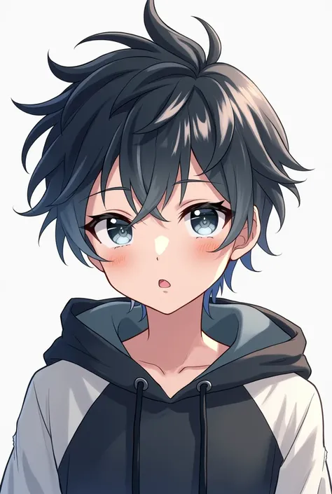 Make it anime style:  a boy with black and white hair, silver-colored eyes, black and white hoodie 