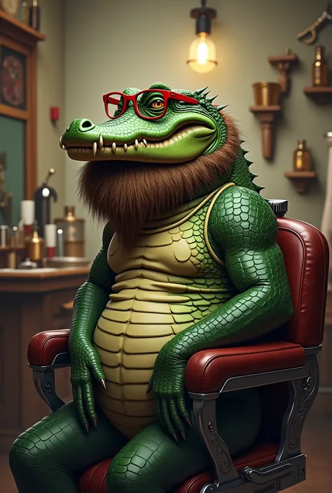 An alligator with a beard and maga-style glasses that looks like a barber 