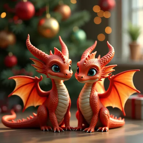  A pair of elegant baby dragons .with wings.   little ones in Christmas costumes .  Pine tree in the background .   elegant Christmas with balloon toys and garlands. A bright combination  .Homely cozy atmosphere fireplace .  cinematic lighting.  Realistic ...