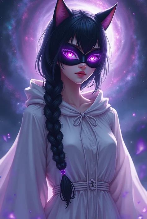 Create an artbreeder image for me of a black-haired girl with a long braid on her side that ends with a purple gradient, purple eyes, a galaxy wearing a white tunic with a string at the waist, gold, with long flared sleeves and a hood that shes not wearing...