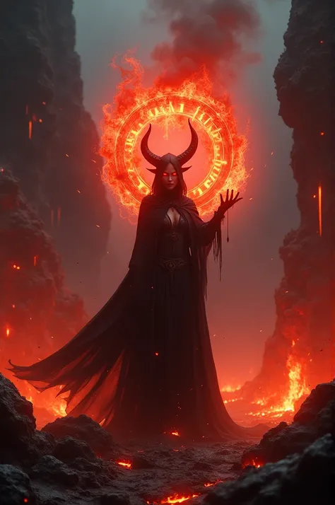 A dark, fiery underworld illuminated by glowing crimson and black hues. In the center of the scene stands Ariele, a striking devil figure with sharp horns, glowing red eyes, and a flowing black cloak that moves like smoke. Surrounding Ariele are swirling e...