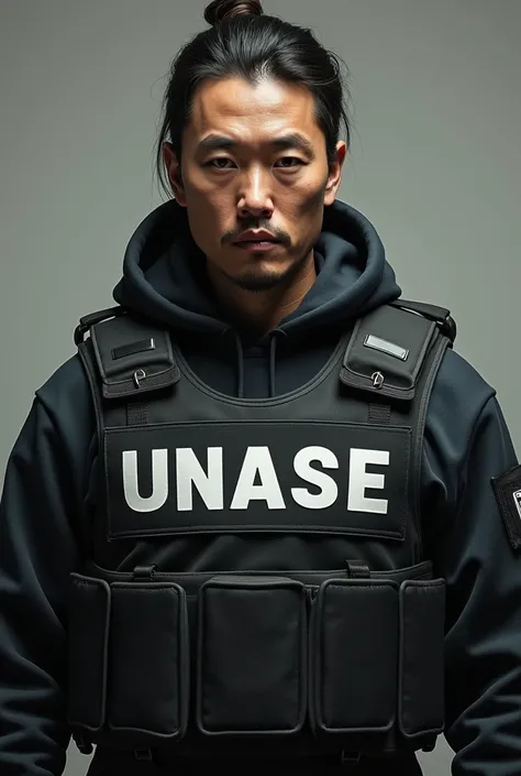 Generate an image of a person wearing a bulletproof vest with the name UNASE in horizontal size