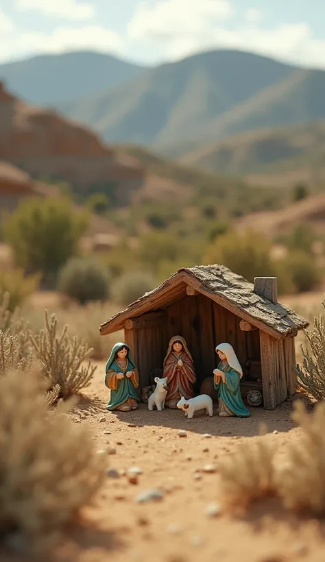 the smallest Christmas nativity scene ever seen in California, tilt shift, analog photo, faded, low contrast.
