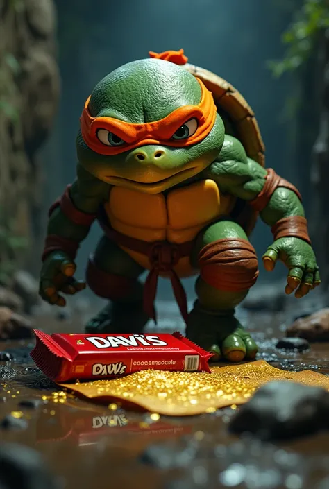 Imagine a mutant adolescent turtle Ninja the Michelangelo in the orange stripe finding a shiny gold note on a red Davis chocolate bar and cant believe it! Play it in the background in your room which is the sewer . 🍫🏷🐢