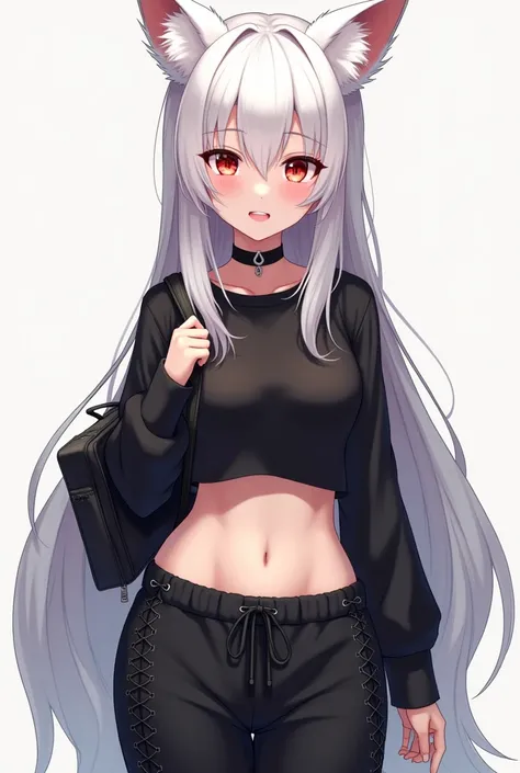  Anime girl 28 years old with white hair to her shoulders  ,  with red eyes  , fox ears and tail , The size of the second breast,  tucked belly deep  ,  With her big navel  . She wears ,  black sweatpants with laces , black sports sweater , unbuttoned ,  b...