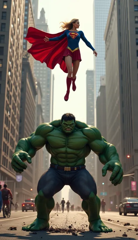 Supergirl watching She-Hulk defeated woman on a city street, super ultra realistic and professional images 