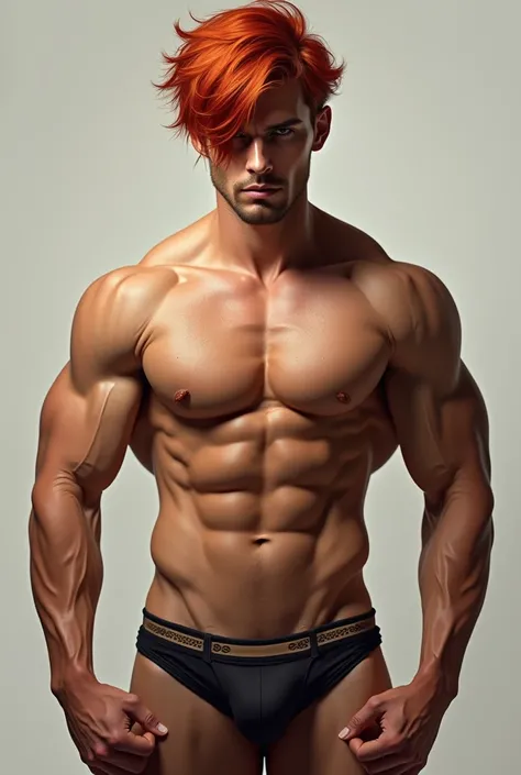 A young man with red hair,his eyes hidden by his hair,muscular,with a V-shaped body and a huge cock