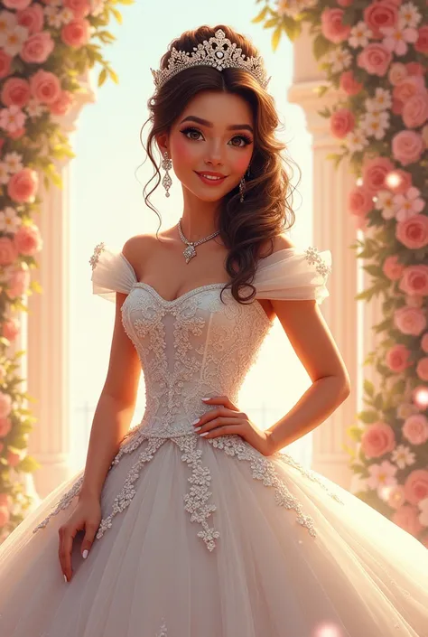 Drawing of a quinceañera wearing a white dress with beautiful ornaments and a princess hairstyle with crown 