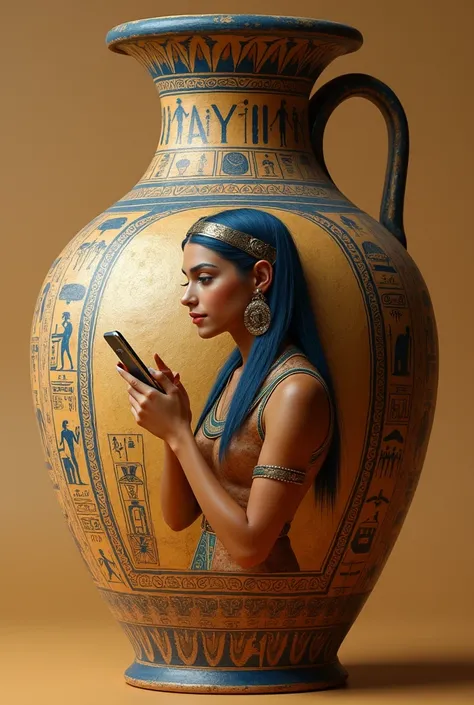  Create a hyperrealistic art ,  ultra detailed , hyper sharp , creative, unique, perfeita,  brilliant and incredible , without errors or flaws of an ancient Egyptian jar with a hieroglyphic painting of a teenager dressed in the clothes of the year 2024 and...