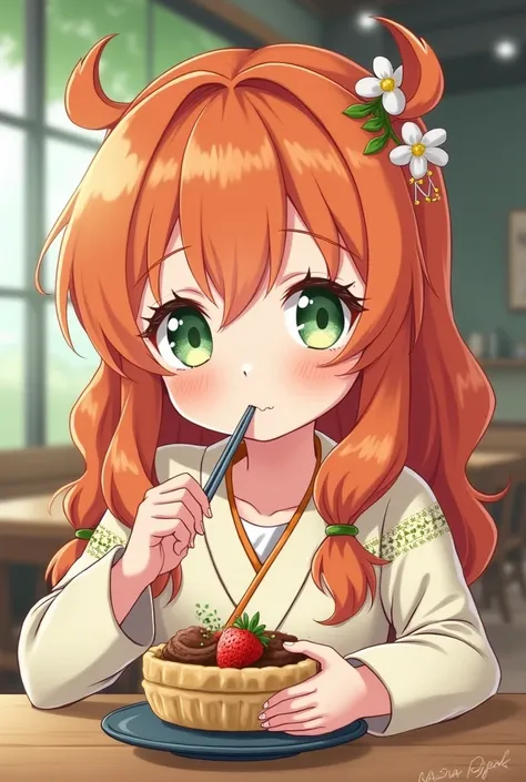 A girl with pale green eyes with long wavy orange bangs eating anime avatar