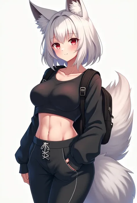  Anime girl 28 years old with white hair to her shoulders  ,  with red eyes  , fox ears and tail , The size of the second breast,  tucked belly deep  ,  With her big navel  . She wears ,  black sweatpants with laces , black, sports sweater  , unbuttoned , ...