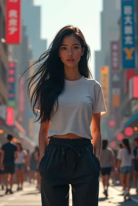 black hair doll,  joggers ,T-shirt, is standing on a busy street 